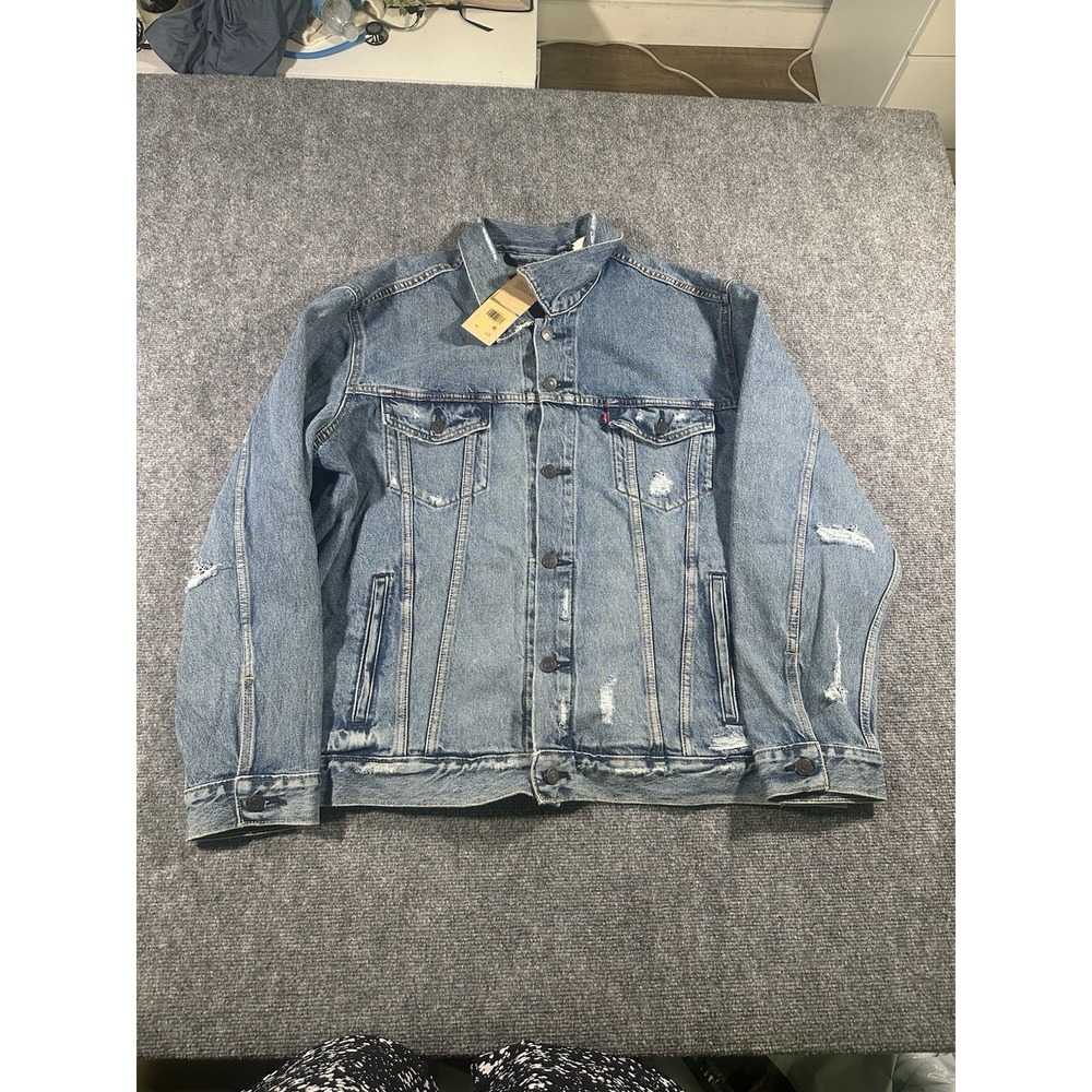 Levi's Men's 2XL Light Blue Denim Trucker Button Jacket Distressed